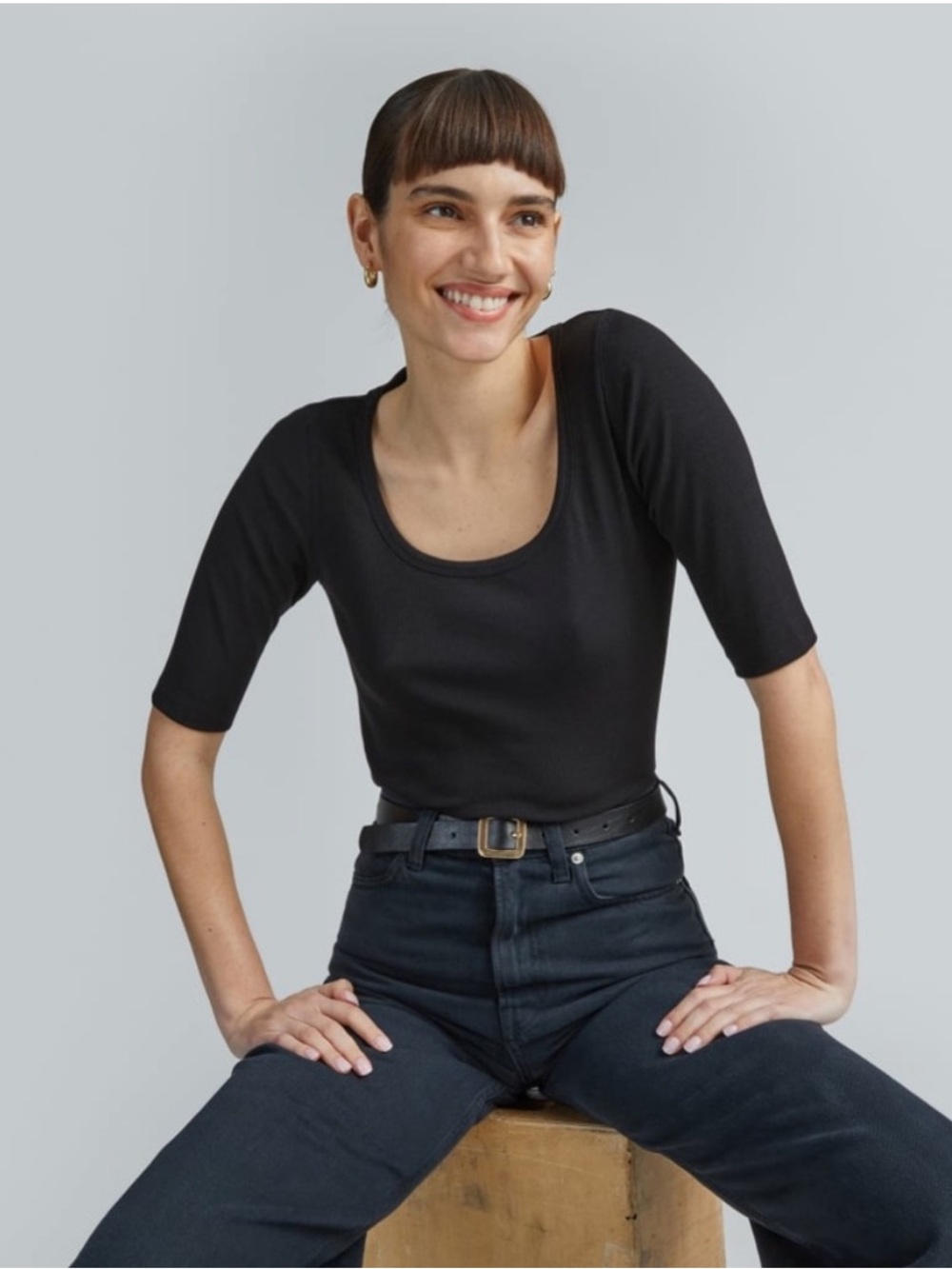 Everlane Black The Pima Micro-Rib Scoop Neck Tee Size Small Minimalist Chic